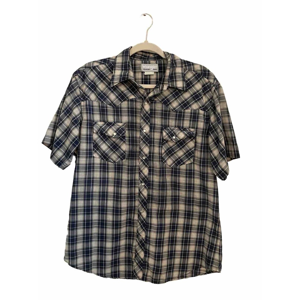 Western Wrangler Shirt Sz L Pearl Snap Blue‎ Rancher Trucker Plaid